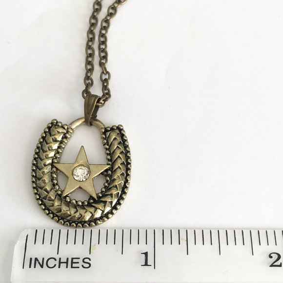 Horseshoe Necklace Crystal Gold Brass Plated 24" Country Western Cowgirl Luck - Picture 8 of 9